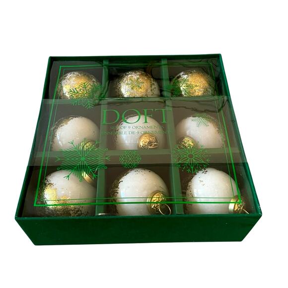 DOFT White & Gold Glass Christmas Ornaments 3in Set of 9 Holiday Glam New - Picture 7 of 16